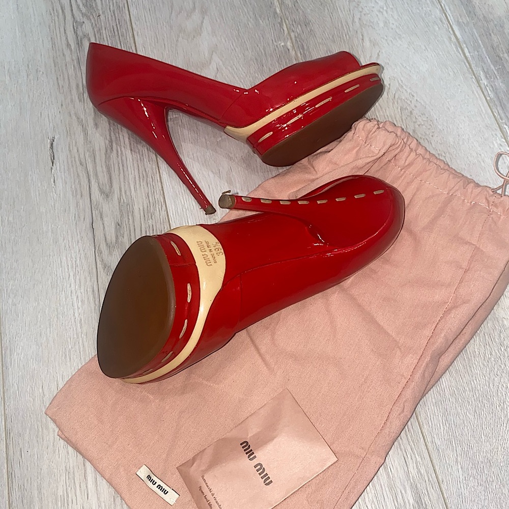 Miu Miu red patent leather stitch trim platform